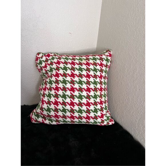 Crate & Barrel Christmas green white red houndstooth pillow - Picture 2 of 4